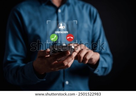Unknown number calling concept. Scam phone call from stranger. Man answering to incoming call. Call center gang, scammer or stranger. Hoax person with fake identity.