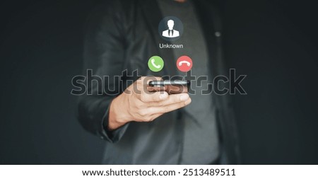 Unknown number calling in the middle of the night. Phone call from stranger. Man answering to incoming call. Phone call from unknown number. Call center gang, scammer or stranger.