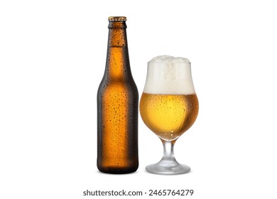 unlabeled beer bottle and glass with beer, cold drink, mockup - Powered by Shutterstock