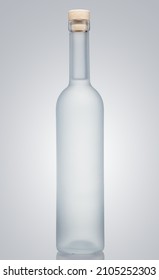 Unlabeled bottle of frosty effect glass, with gin, tequila, rum, or vodka, isolated on pure white background. - Shutterstock ID 2105252303