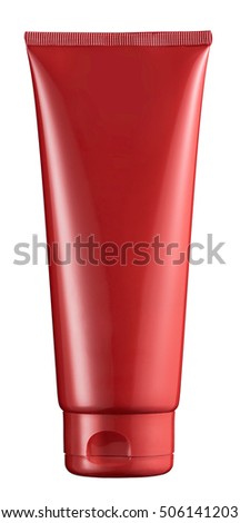 Unlabeled red plastic tube for beauty products with copy space for your branding isolated on white