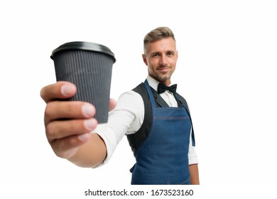 Unleash Your Inner Barista. Coffee Barista Isolated On White. Happy Barman Serve Hot Drink. Takeaway Service. Tea Master Or Sommelier. Catering And Barista Service. Barista Training.