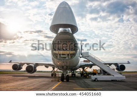 Unloading wide-body cargo airplane