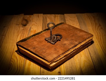 Unlock the potential of knowledge theme with vintage book and key lock. - Shutterstock ID 2221495281