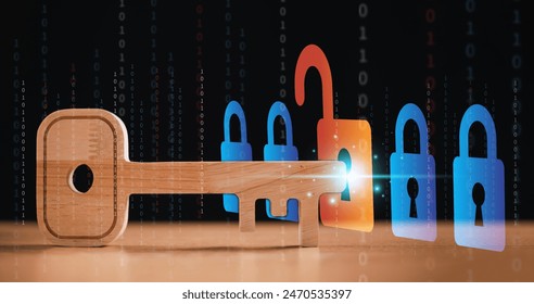 Unlock security key icon. Computer secure firewall concept, people protect personal information. Cybersecurity technology. Identity theft, database hack, internet cyber crime. Hacker attack risk data