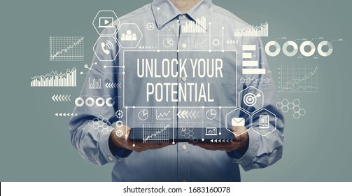 Unlock your potential with young man holding a tablet computer