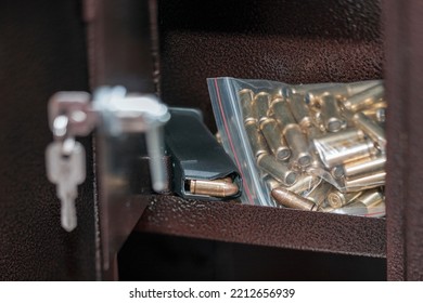 Unlocked Gun Safe Full Of Ammo In Plastic Bags, Indoor Closeup