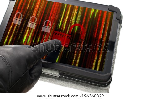 Unlocking online system concept with hand wearing black glove pointing a tablet screen
