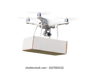 Unmanned Aircraft System (UAS) Quadcopter Drone Carrying Blank Package On White.