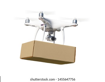 Unmanned Aircraft System (UAS) Quadcopter Drone Carrying Blank Package On White.