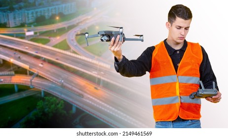 Unmanned Aircraft System (UAV). Quadcopter or drone. Drone on blurred city background. Aerial survey using drone. Aerial monitoring. City filming by drone with camera. Quadrocopter launching. 