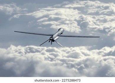 Unmanned military drone flying in the sky above the clouds, American technology, 3d render. Concept: military reconnaissance drone, incident in the sky, war in Ukraine.