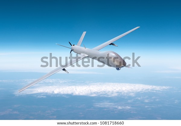 Unmanned military drone on patrol air territory\
at high altitude