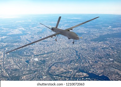 Unmanned Military Drone Patrols The Territory, Flying Over The Disrtict Of City