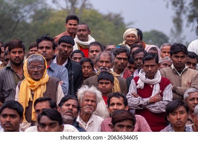 Unnao, Uttar Pradesh, India-Feb 6 2012: Group of common people while political Rally of kalyan singh at purwa in unnao