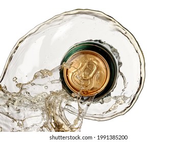 Unopened Beer Can Splash On White Background, Top View