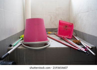 Unorganize Cleaning Tools Randomly Place In Dirty Store Room