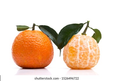 Unpeeled and peeled clementine on white background with reflection