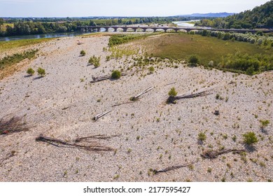 Unprecedented Drought In The Po River Due To Long Lack Of Rainfall. Verrua Savoia, Italy - July 2022