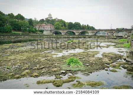 Unprecedented drought in the Po River due to long lack of rainfall. Turin, Italy - July 2022
