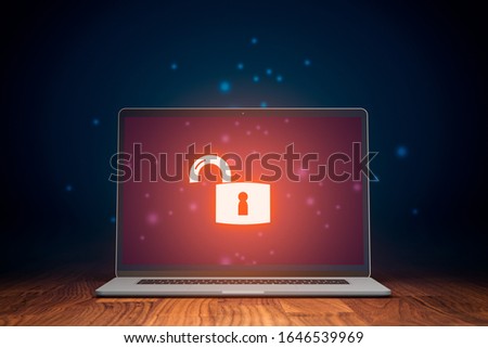 Unprotected computer cyber security threat concept. Notebook with red screen and open padlock symbolizing unprotected computer.