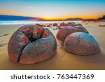 Unreal Moeraki Boulders at sunrise, Koekohe beach,Otago, South Island, New Zealand