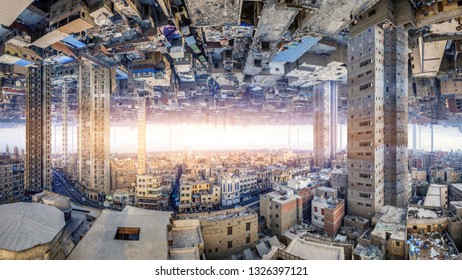 Unreal panorama of the mirror city with skyscrapers, garbage on the streets. Urban utopia of the city. Collage.
