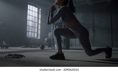 Unrecognisable Sport Woman Doing Squat Exercise With Lunges. Female Bodybuilder Training Legs In Sport Club. Closeup Fit Girl Aerobic Workout For Body. Fitness Trainer Warm Up Muscle Strength. 