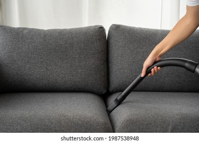 Unrecognizable Asian Man Housekeeper Using A Vacuum Machine Vacuuming A Dust On A Sofa In Living Room Close Up. A Man Cleaning And Sanitizing His House For Hygiene Living. Vacuum Machine And Housework