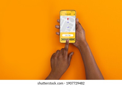 Unrecognizable black woman using taxi services app on mobile phone over orange studio background. Female customer checking virtual map with available cabs, creative collage