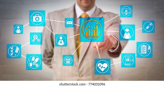 Unrecognizable Business Administrator Touching A Positive Growth Chart Icon Onscreen In A Virtual Admin Network Interface. Concept For Health Care Systems Management And Healthcare Administration.