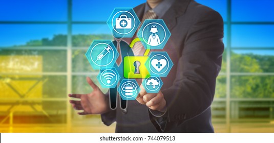 Unrecognizable Business Man Is Unlocking Healthcare Data Of A Male Employee. Concept For Secure Access To Personal Health Records, Electronic Medical Record And Health Care Information Exchange.