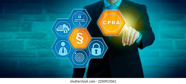 Unrecognizable business manager adding a CPRA icon to a corporate compliance solution. Business and information technology metaphor for the California Privacy Rights Act, protection of consumer data. - Shutterstock ID 2250913361