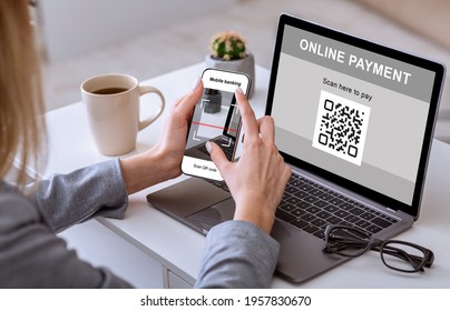 Unrecognizable Business Woman Holding Smartphone, Scanning Qr Code From Laptop Screen, Cropped. Closeup Of Mobile Phone Screen With Bar Code In Female Hands, Paying For Goods And Services From Office