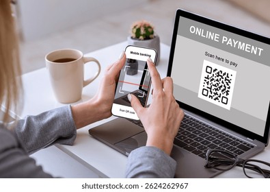 Unrecognizable business woman holding smartphone, scanning qr code from laptop screen, cropped. Closeup of mobile phone screen with bar code in female hands, paying for goods and services from office