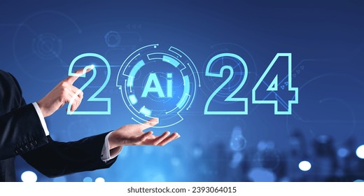 Unrecognizable businessman hands using immersive 2024 AI artificial intelligence interface over blurry cityscape background. Concept of machine learning and robot research