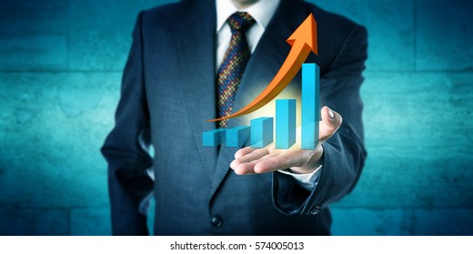 Unrecognizable businessman is offering an exponential growth chart with a soaring trending arrow skyrocketing. Business concept for success, future forecast, improvement, goal setting and motivation.