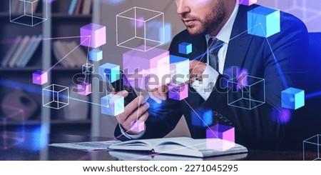Unrecognizable businessman with smartphone in office using immersive blurry blockchain interface. Concept of cryptocurrency and hi tech. Double exposure