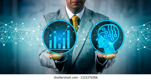 Unrecognizable Businessman Using An Artificial Intelligence Platform For Big Data Analysis. Corporate IT Concept For Pattern Recognition, Deep Machine Learning, Detection Of Statistical Outlier, AI.