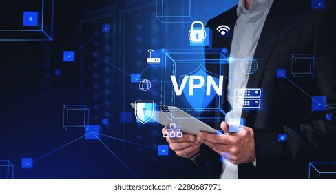 Unrecognizable businessman using tablet computer in blurry server room with double exposure of immersive VPN interface. Concept of encryption and secure browsing