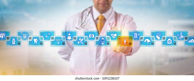 Unrecognizable Cardiologist Accessing The Medical Record Of A Male Patient In A Health Care Blockchain. Healthcare Data Management Concept For Data Logs Distributed Across P2P Computer Network.