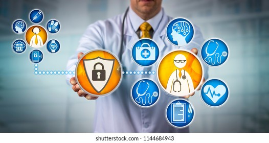 Unrecognizable Cardiologist Is Providing Telemedicine Services To A Remote Male Patient Via A Secure Network. Healthcare Technology Concept For Health Data Security, Confidentiality And Encryption.