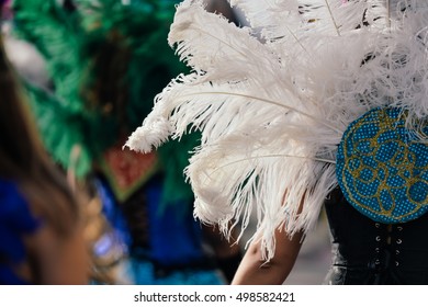 Unrecognizable carnaval participants. Back view image of costume masked queen at carnival parade with feathers, colorful background. Having Joyful time