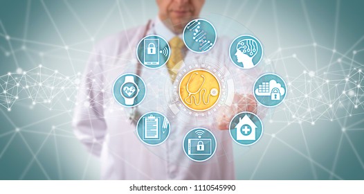 Unrecognizable Clinician Accessing A Medical Diagnostics App Connected To A Seamless Data Transfer. Healthcare Concept For Connectivity, Clinically Centered Decision Support System, Networking.