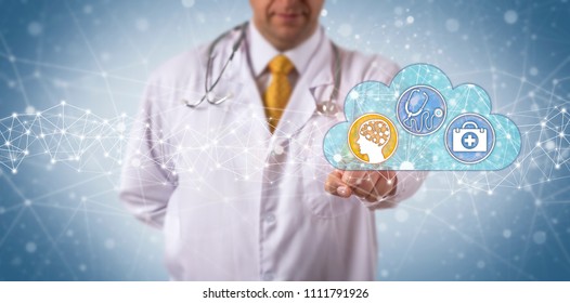 Unrecognizable Clinician Activating Artificial Intelligence Aided Medical Diagnostic Tool In The Cloud. Healthcare Concept For AI, Diagnosis, Big Data Analytics, Deep Machine Learning, Connectivity.