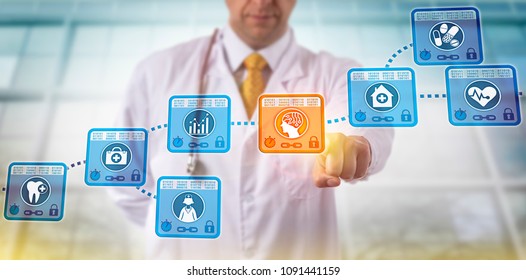 Unrecognizable Clinician Selecting AI Block In A Blockchain Of Electronic Medical Records. Healthcare IT Concept For Efficiency Improvement Of Health Information Exchange Via Artificial Intelligence.