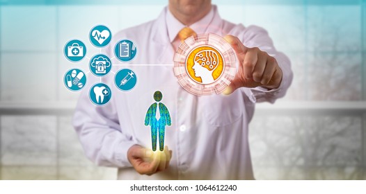 Unrecognizable Clinician Using Artificial Intelligence To Access The Medical Records Of A Male Patient. Pharma And Health Care Concept For Information Augmentation, Patient Service, Machine Learning.