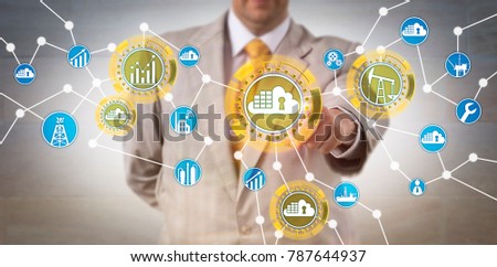 Unrecognizable corporate data operator is managing energy infrastructure via networked cloud container architecture. Information technology concept for microservices approach and containerization.