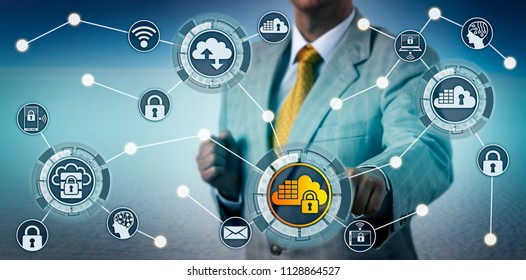 Unrecognizable Corporate Executive Securing Data In A Cloud Application. Information Technology Concept For Cloud Computing Security, SaaS, Software As A Service, Regulatory Compliance, Privacy.