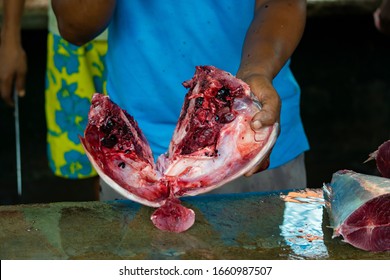 Unrecognizable Creole Man Filleting And Gutting Fresh Tuna Fish At The Street Market.